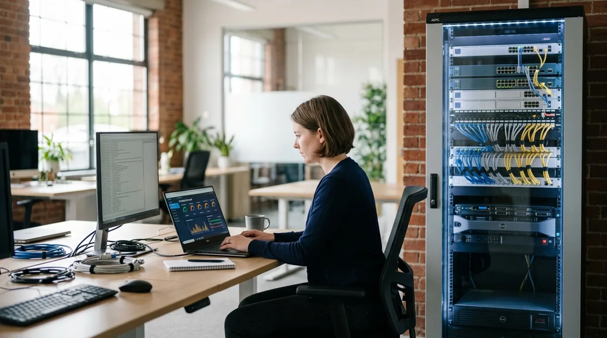 Small business owner reviewing managed IT questions with an engineer