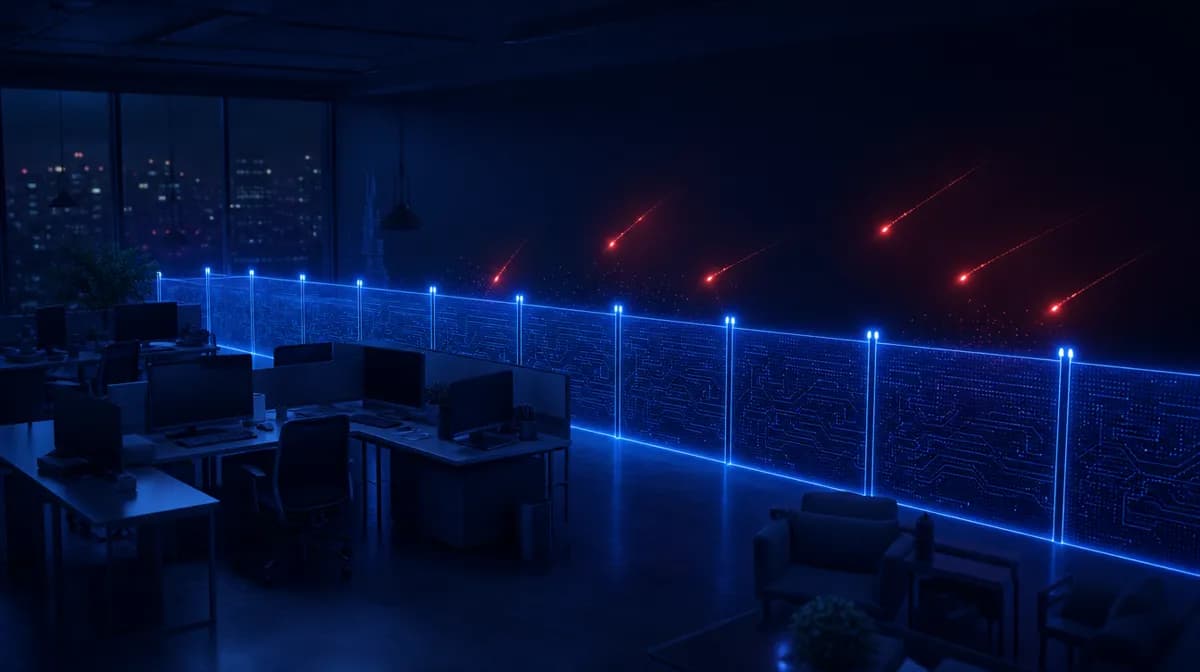 Dark office at night with sleeping monitors as faint red glows probe a blue light fence