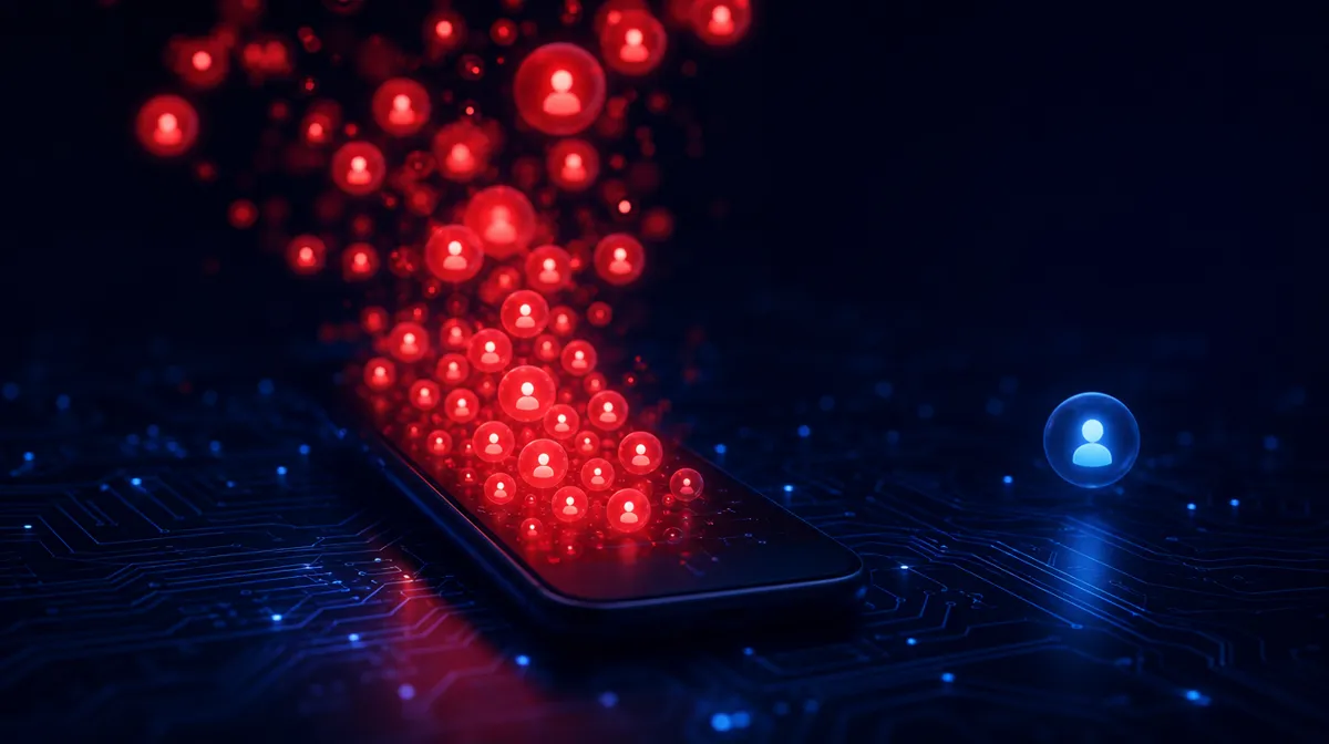 Smartphone silhouette flooded by a cascade of glowing red notification orbs with one blue orb apart