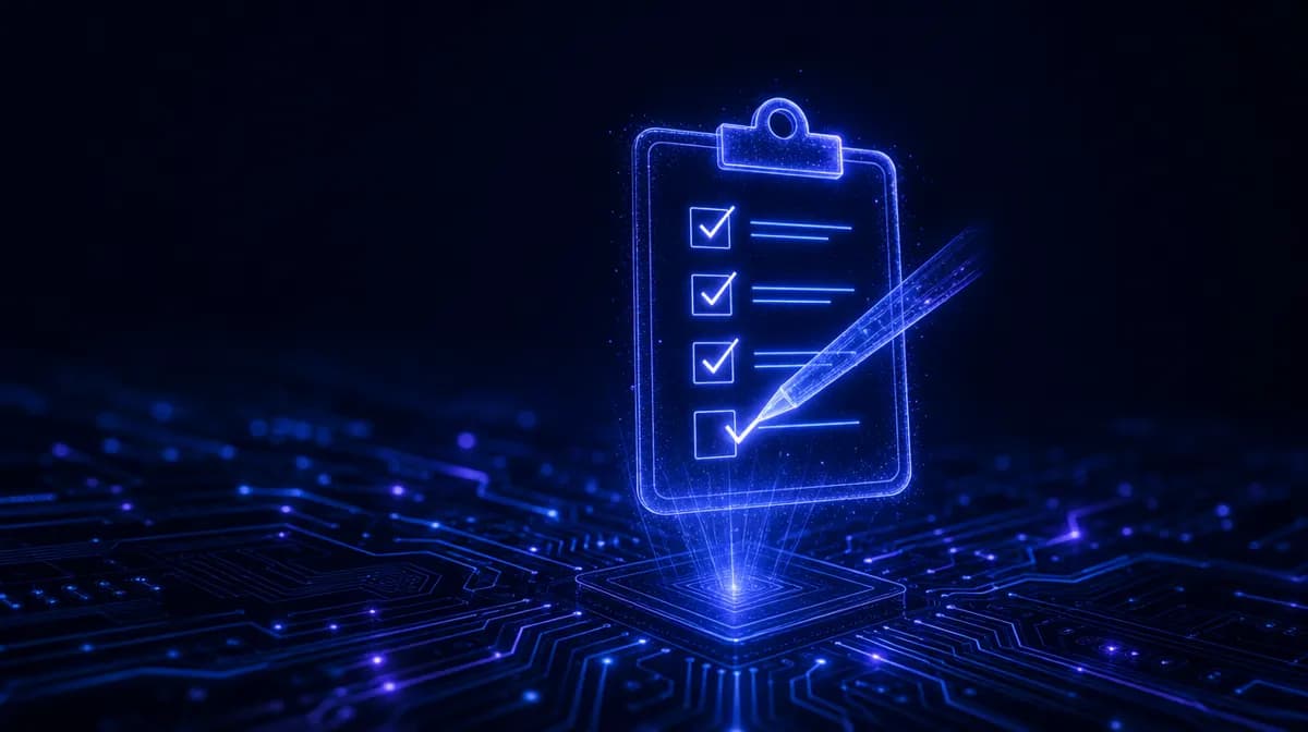 Holographic clipboard of glowing checkmarks materializing above a dark motherboard, one item mid-check