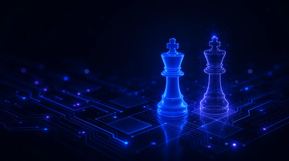 Two glowing chess pieces on a circuit-board chessboard, one solid blue and one translucent