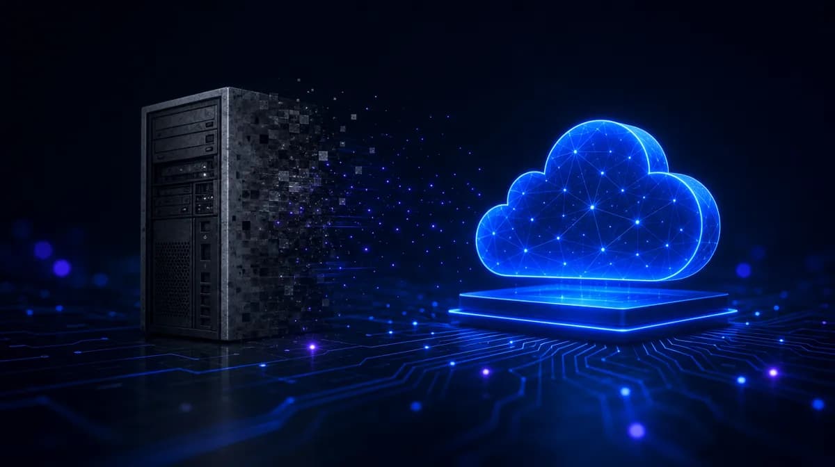 An old server tower fading to grayscale as a bright blue cloud platform materializes beside it