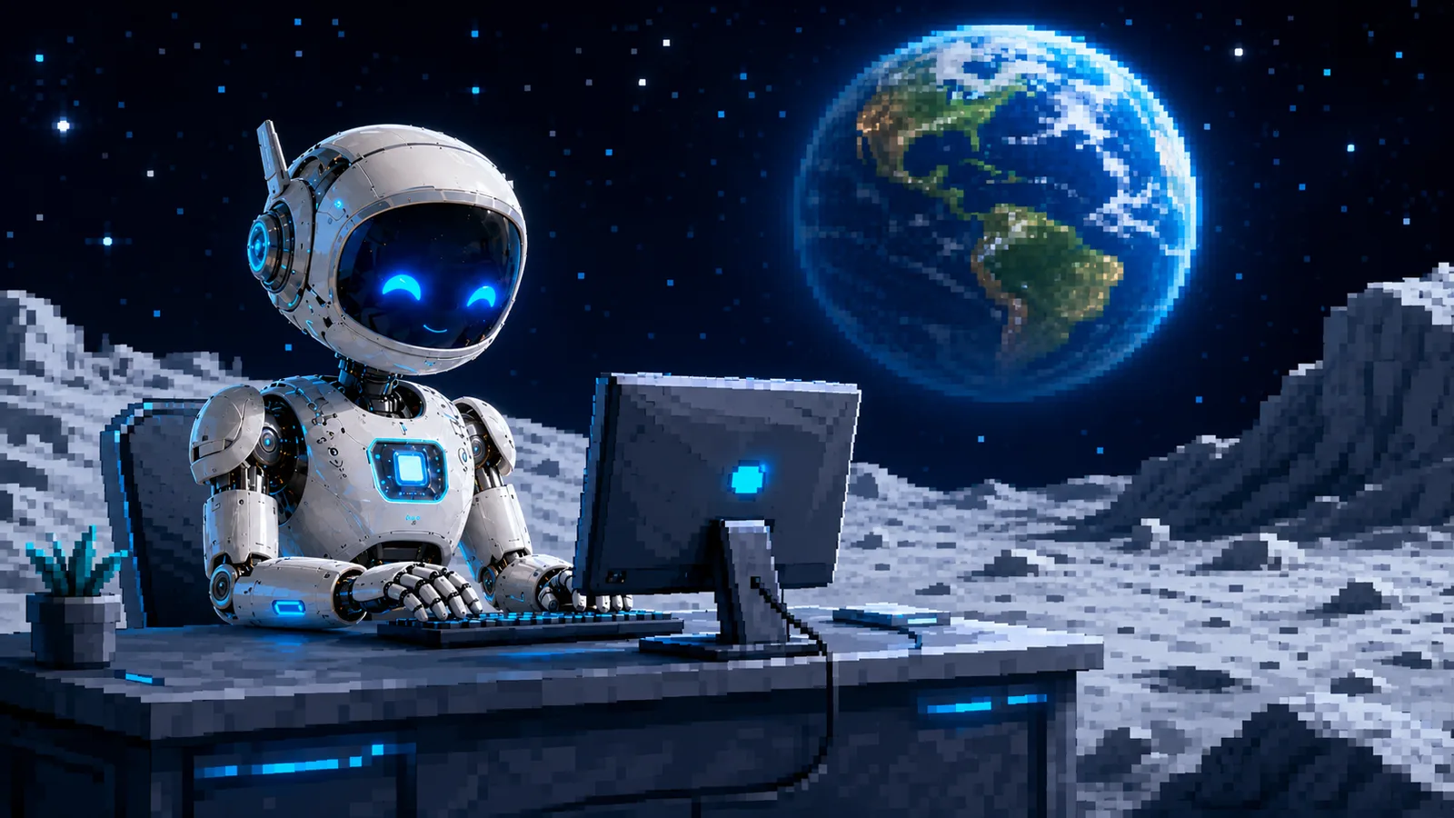 Pixel-art illustration of a robot typing at a computer desk on the Moon, with Earth rising behind it