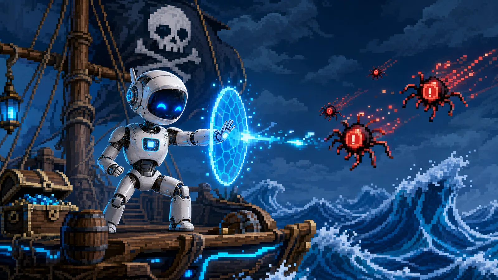 Pixel-art illustration of a robot on a pirate ship's deck raising a glowing blue shield against red, bug-shaped malware over a stormy sea