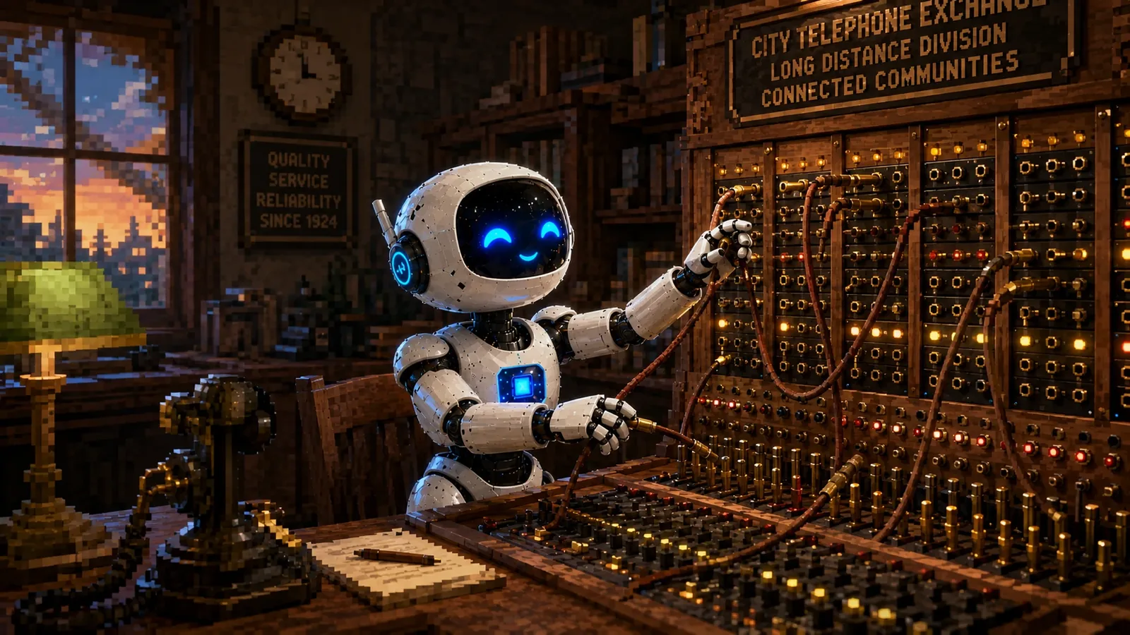 Pixel-art illustration of a smiling robot connecting cables on an old wooden telephone switchboard in a lamplit exchange office