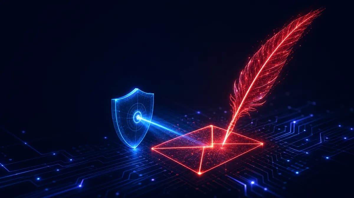 Quill pen of red light writing a glowing email envelope under a blue shield lens