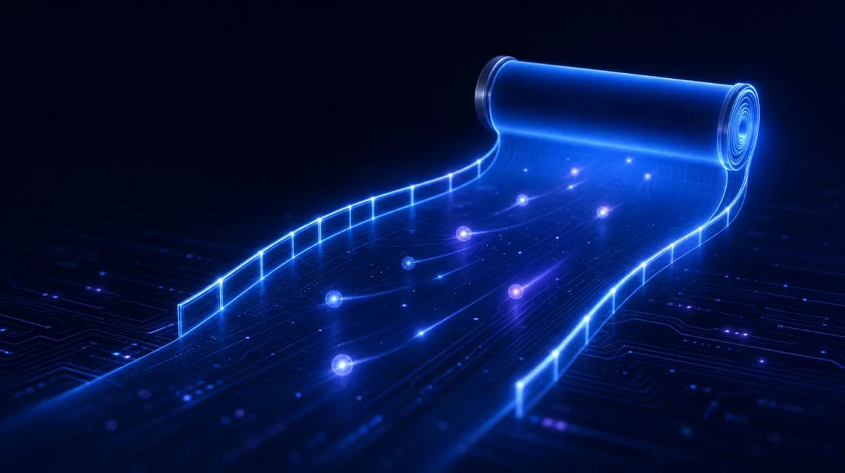 Scroll of light unrolling with glowing guardrails as small AI spark orbs travel between them