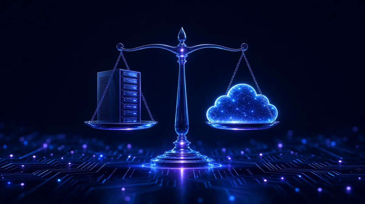 Balance scale of light weighing a server tower against a glowing cloud on dark background
