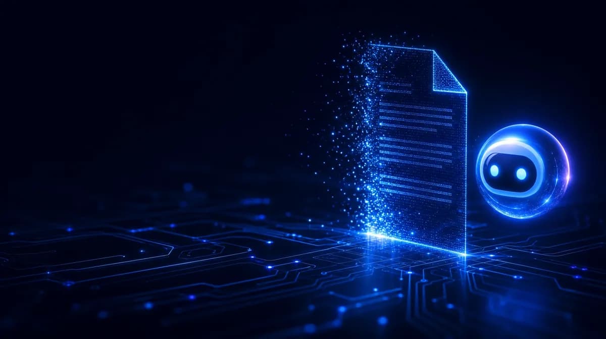 Glowing blue orb hovering beside a stylized document assembling itself from particles of light