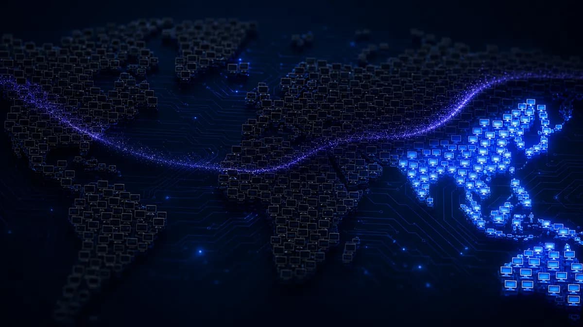 Wave of monitor icons going dark across a world map circuit board, one blue island lit