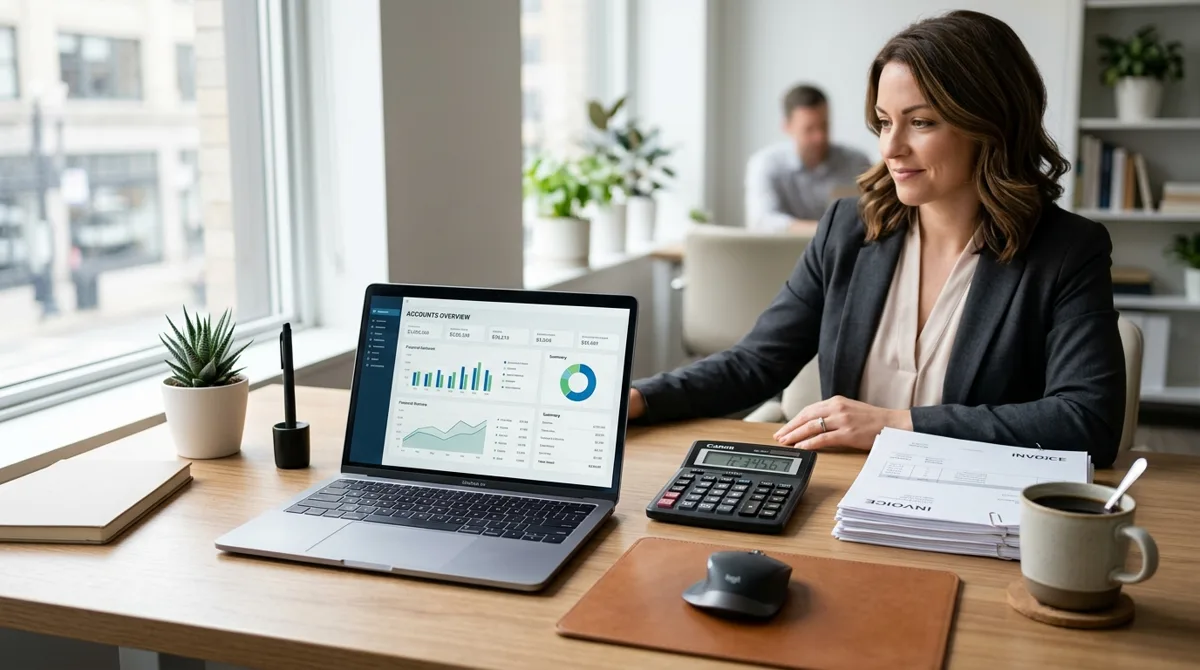 Accountant reviewing automated workflow on screen