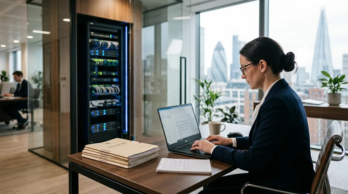 Attorney working securely on a laptop in a law office