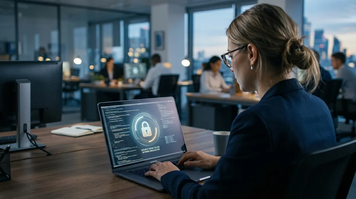 Cybersecurity shield graphic over a small business network diagram