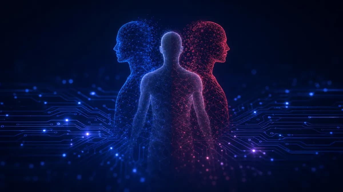 Translucent human silhouette splitting into two mirrored wireframe copies, one blue and one red tinged