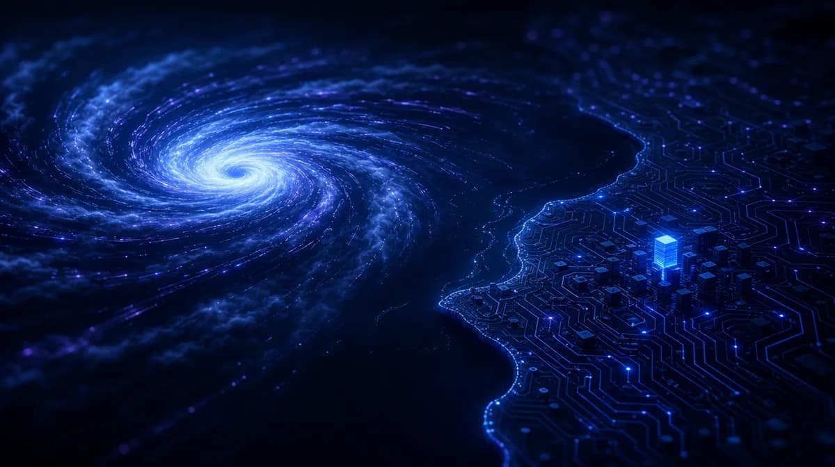 Hurricane spiral of light approaching a coastline circuit map with one building glowing steady blue