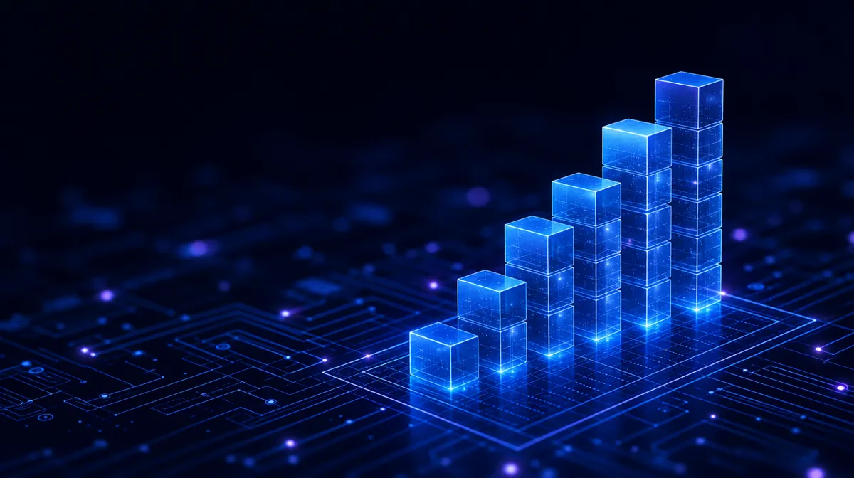 Translucent blue blocks rising like a bar chart from a glowing blueprint circuit grid
