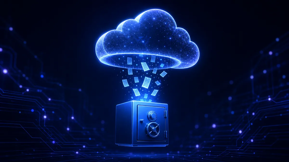 Glowing cloud with hollow underside and a small blue safe catching falling document motes