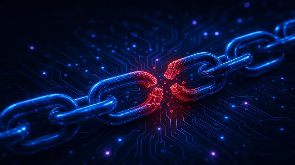 Chain of glowing blue links crossing a dark circuit board, one fractured link glowing red