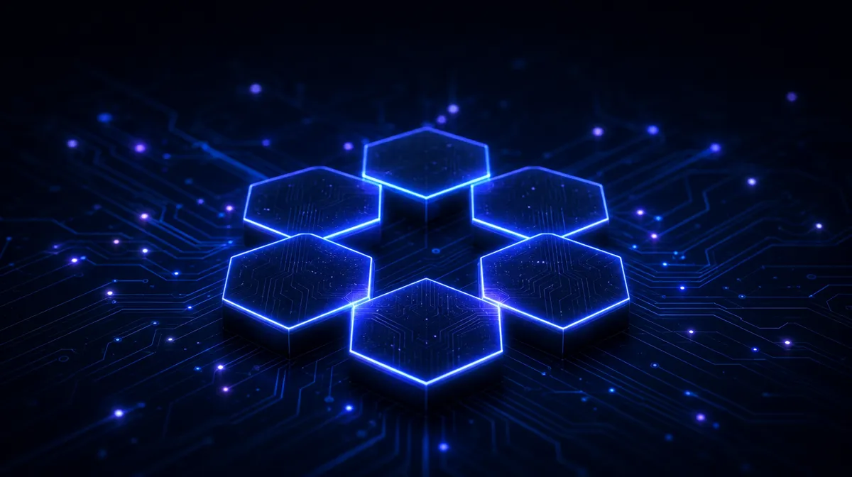 Six interlocking glowing hexagons arranged in a ring above a blueprint style circuit grid