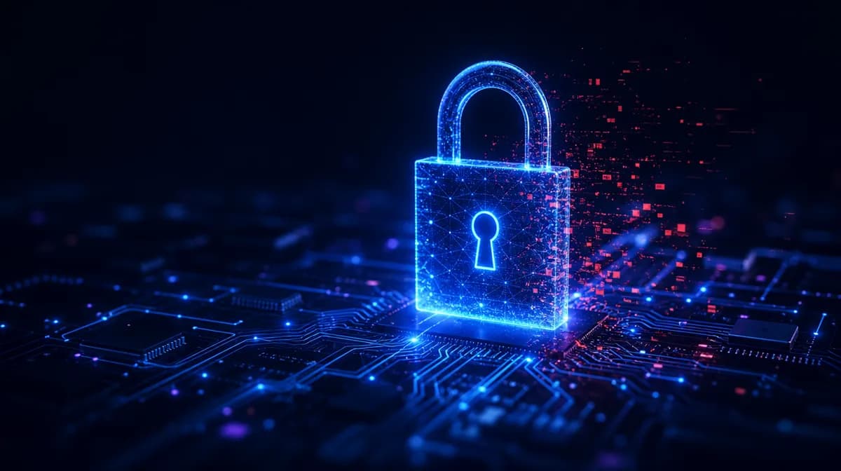 glowing blue padlock hologram standing firm on a dark motherboard as red glitch particles dissolve