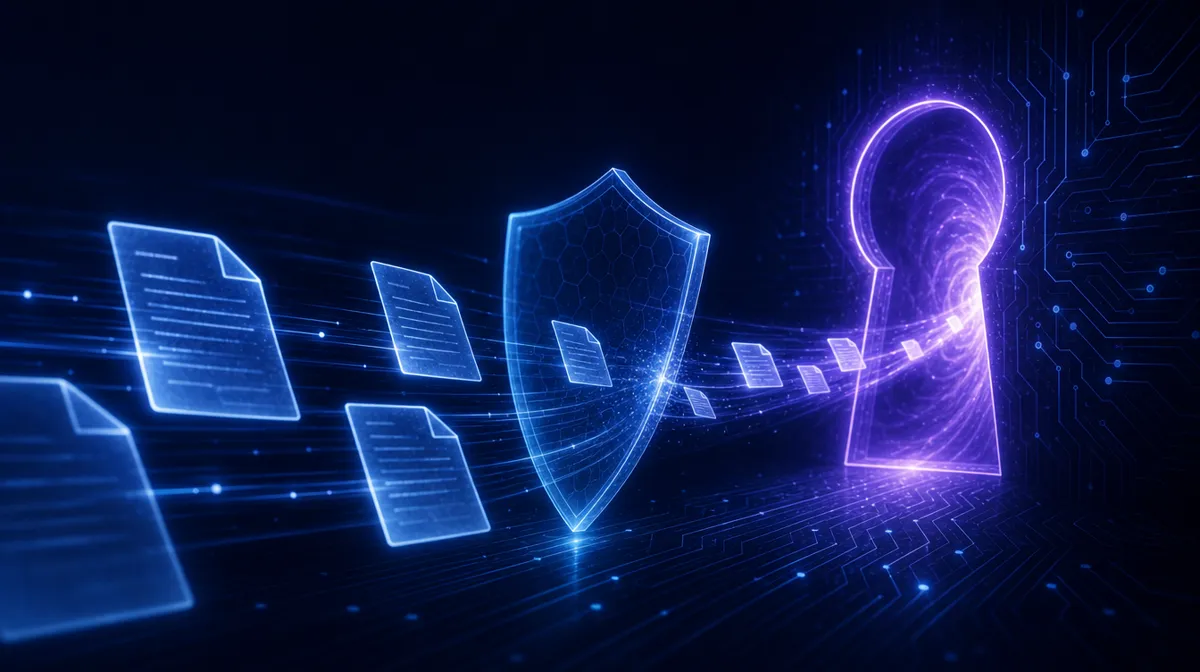 Glowing documents pulled through a violet keyhole shaped portal as a blue shield approaches