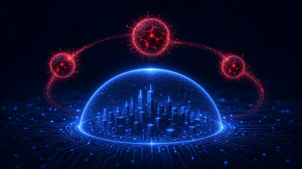 Three glowing red virus particles circling a blue security dome that shields a digital city, representing 2026 malware threats to corporate computers