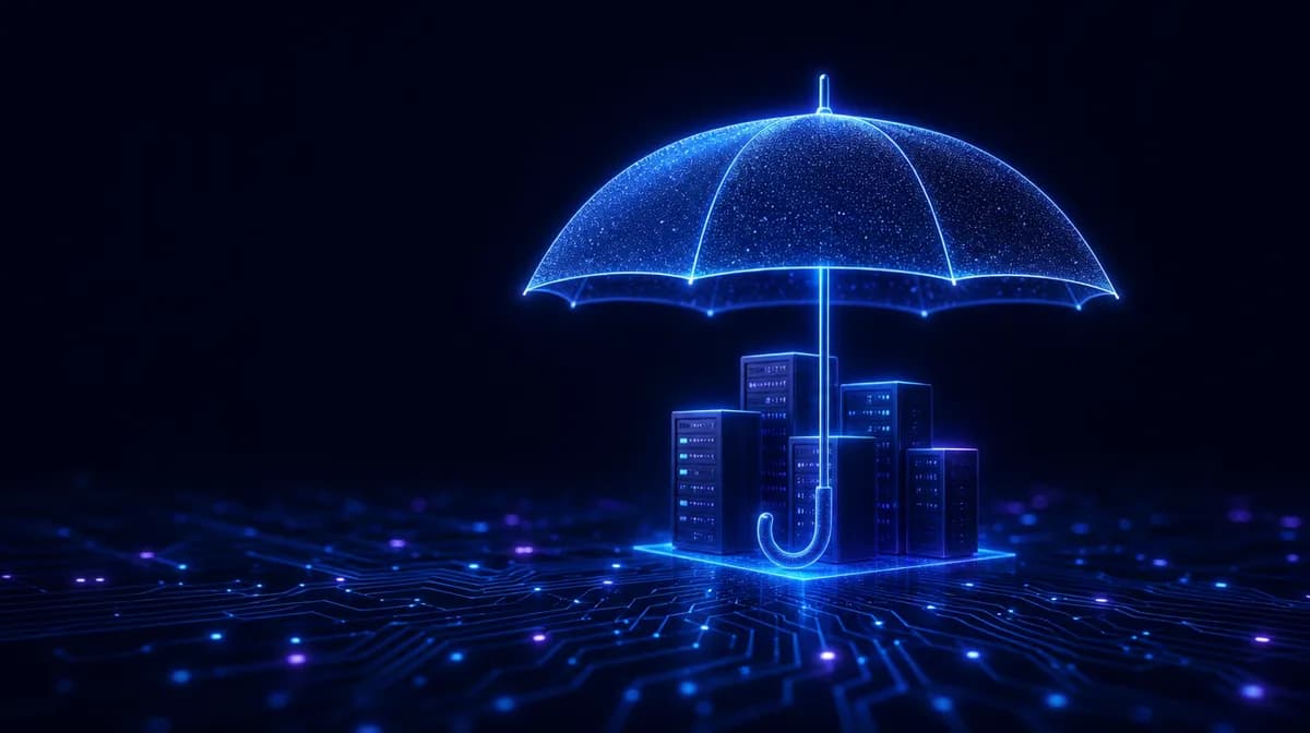 Glowing blue umbrella hologram sheltering a cluster of small server towers on a dark background