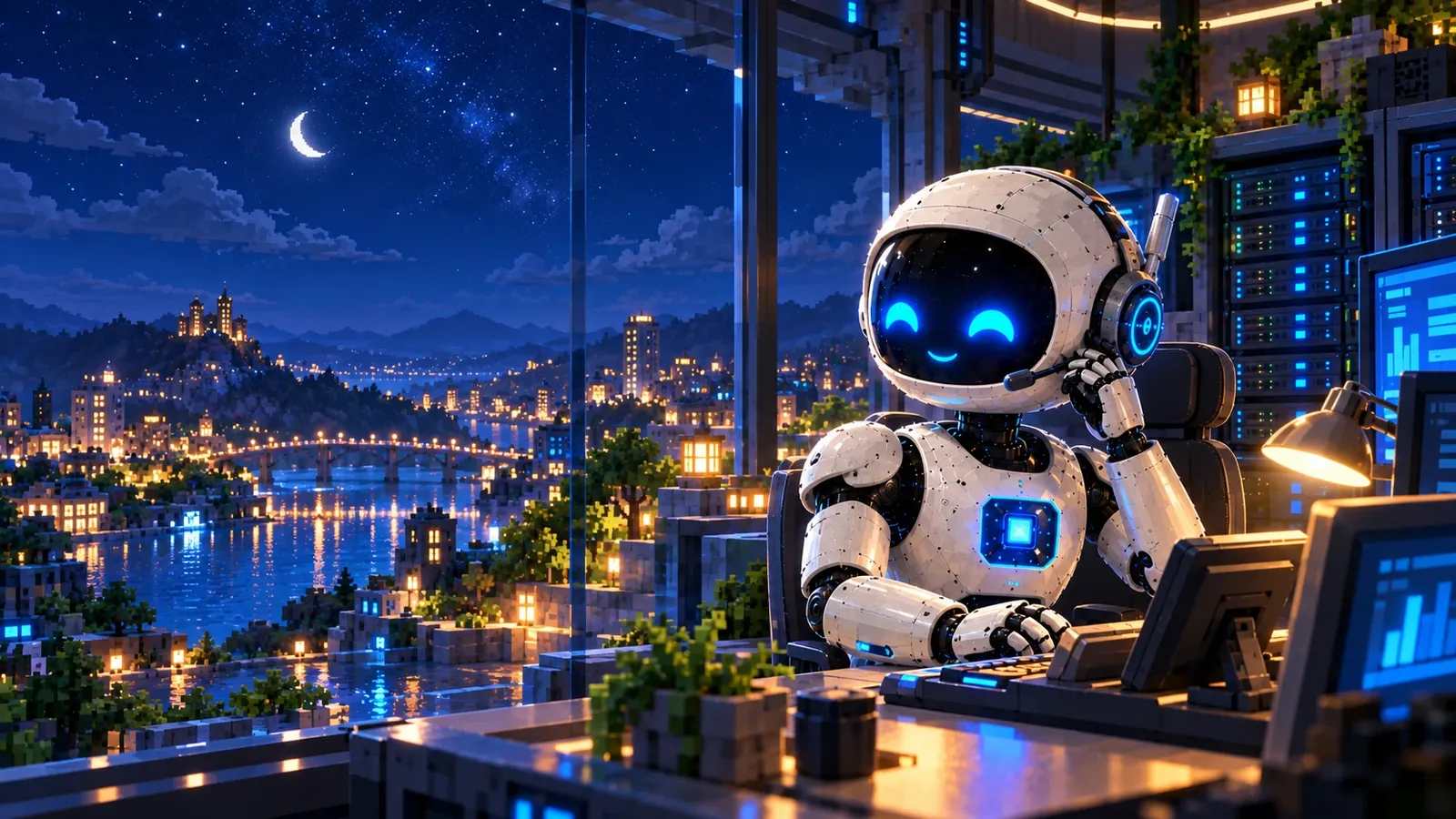 Illustration of a robot wearing a headset at a desk late at night, with server racks behind it and a lit riverside city outside