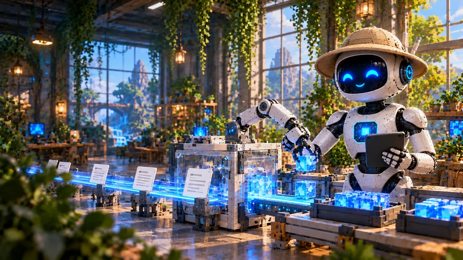 Illustration of a robot in a plant-filled workshop guiding documents along a conveyor that turns them into glowing blue data blocks