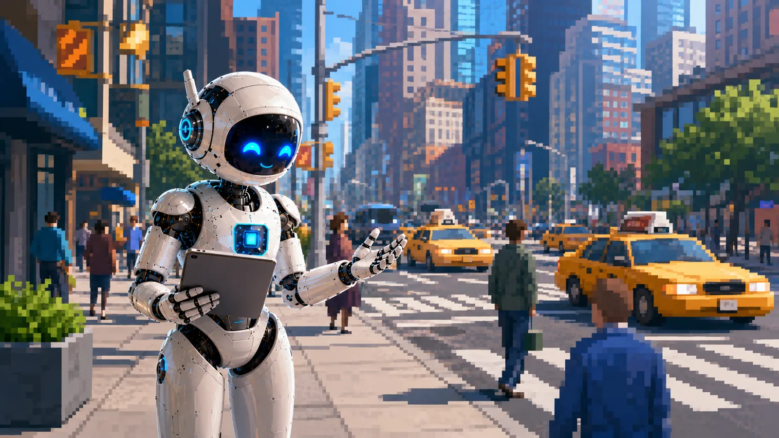 Pixel-art illustration of a robot holding a tablet on a busy city sidewalk, with yellow taxis and pedestrians at a crosswalk behind it
