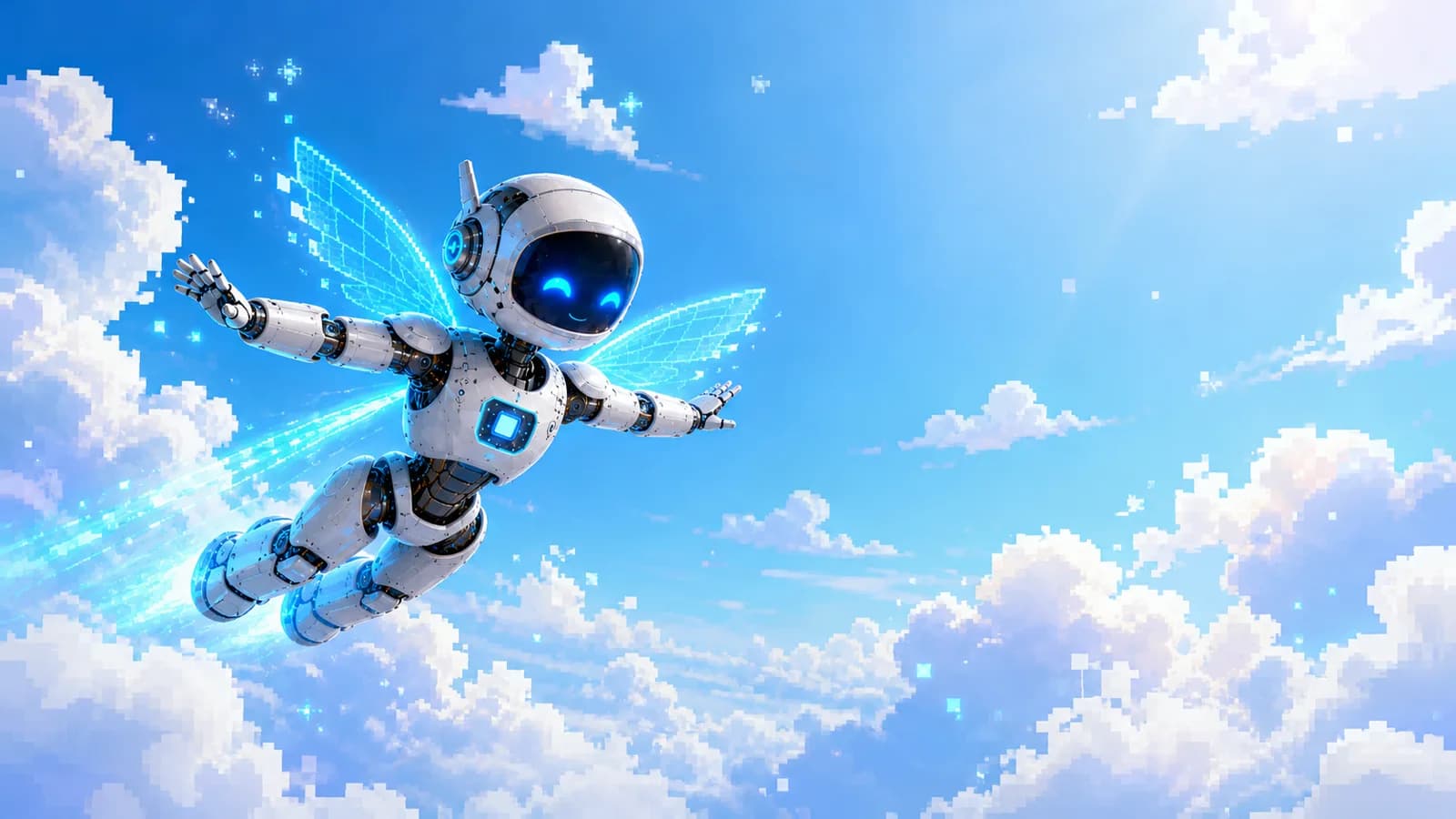 Illustration of a smiling robot with glowing translucent wings flying through a bright blue sky among white clouds