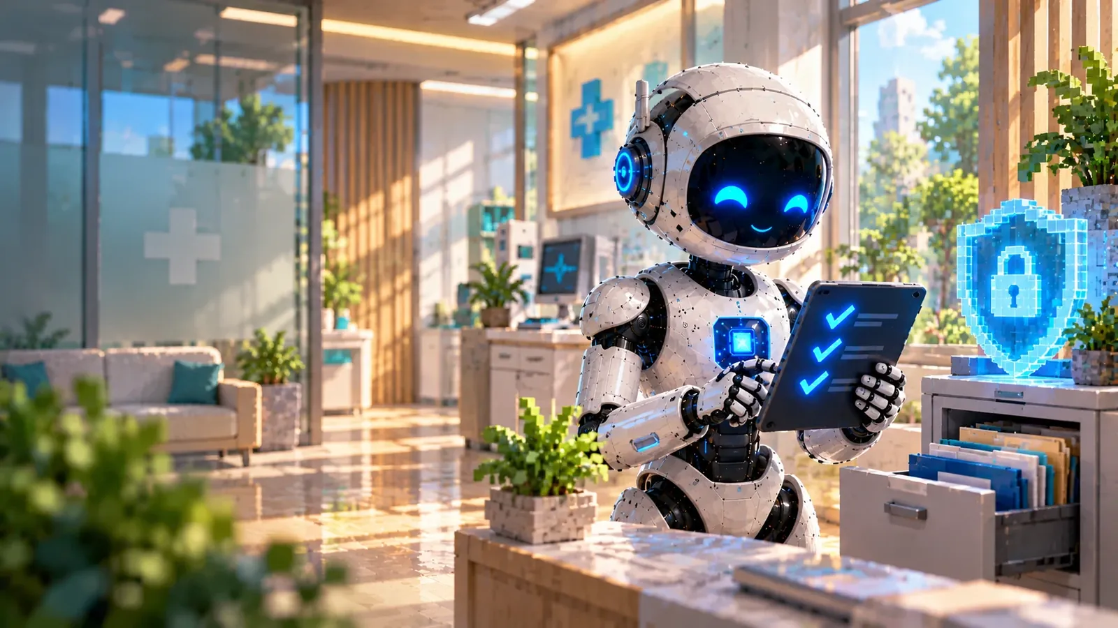 Illustration of a robot in a bright medical office holding a tablet checklist, beside a shield and padlock icon and an open file drawer