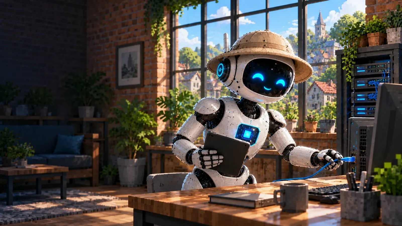 Illustration of a friendly robot in a brick-walled office, plugging a network cable into a server rack while holding a tablet