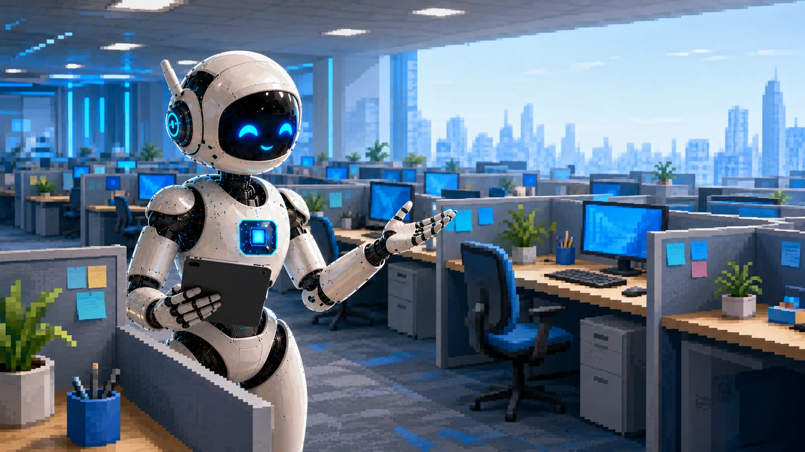 Pixel-art illustration of a robot holding a tablet and gesturing across an open-plan office of cubicles, with a city skyline outside the windows