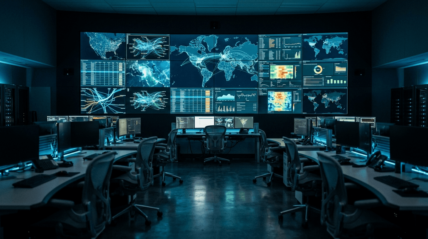 A dark security operations center with a wall of glowing network dashboards and world maps, representing 24/7 managed detection and response monitoring for small businesses.