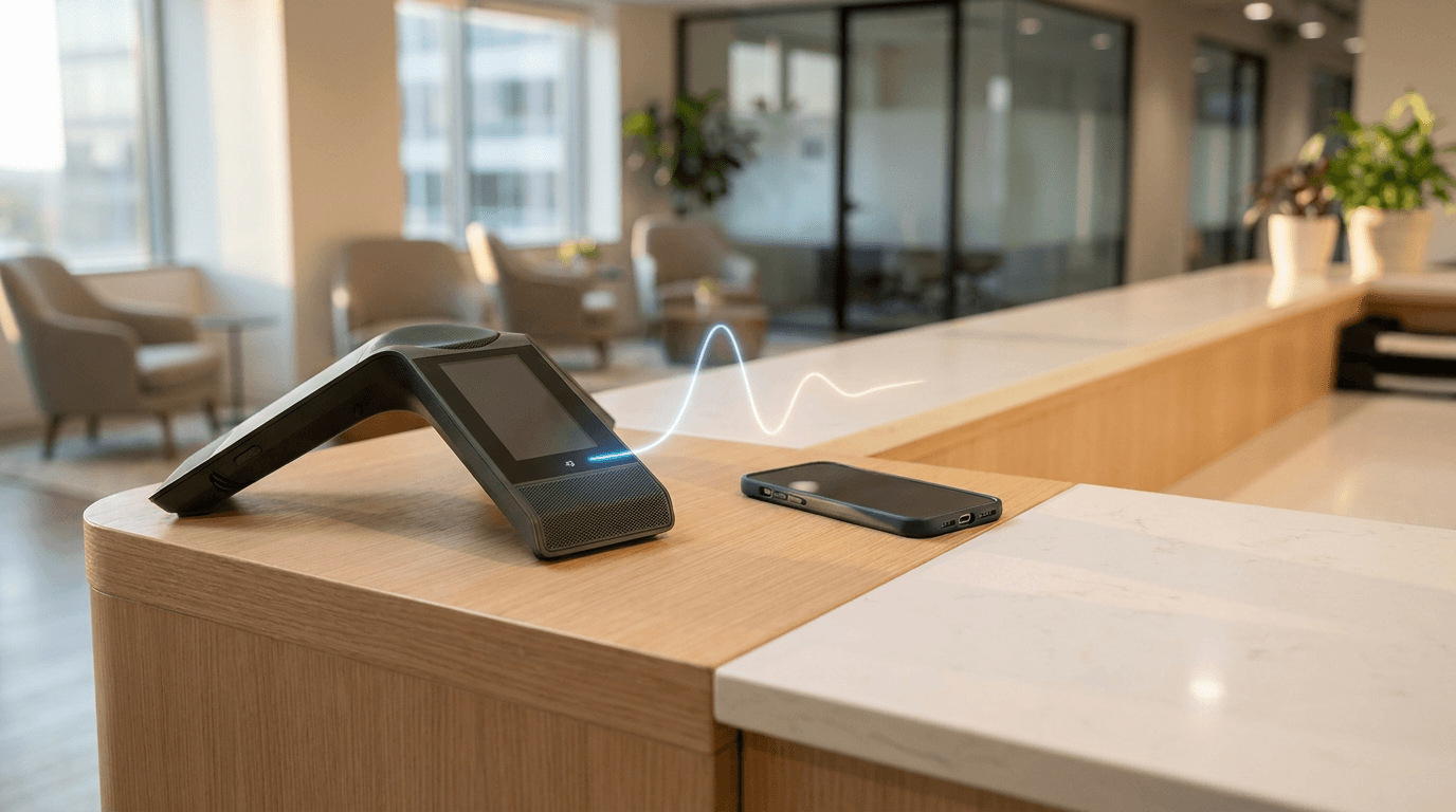 A reception desk phone and smartphone with a glowing soundwave, representing an AI receptionist answering calls for a small business