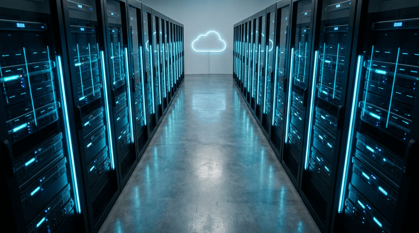 A modern data center server aisle lit in blue with a glowing neon cloud icon at the far end, representing cloud migration for a small business.