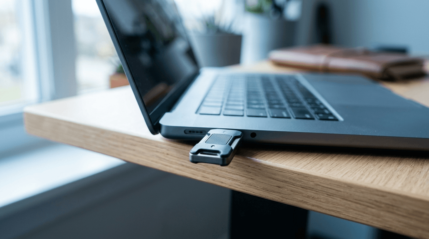 A hardware security key inserted into the USB-C port of a laptop on a desk, representing phishing-resistant passkey login for small businesses