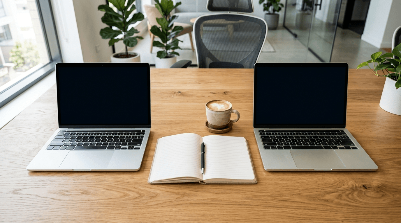 Two open laptops side by side on a conference table, representing a Microsoft 365 versus Google Workspace comparison for small business