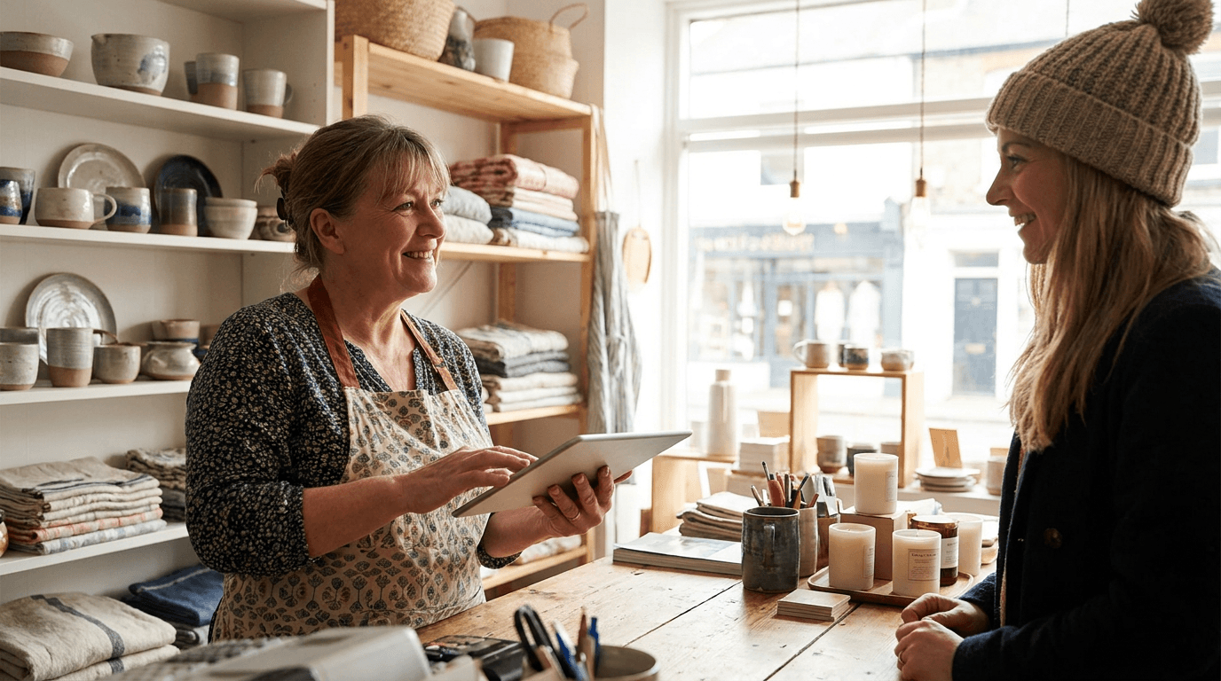 A small retail shop owner using a tablet to help a customer, representing AI chatbot customer service for small business