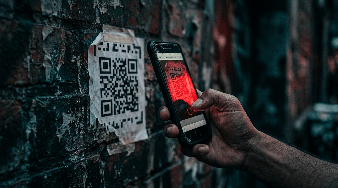 A hand holding a smartphone scanning a suspicious QR code taped to a wall, red warning glow on the screen — a quishing attack