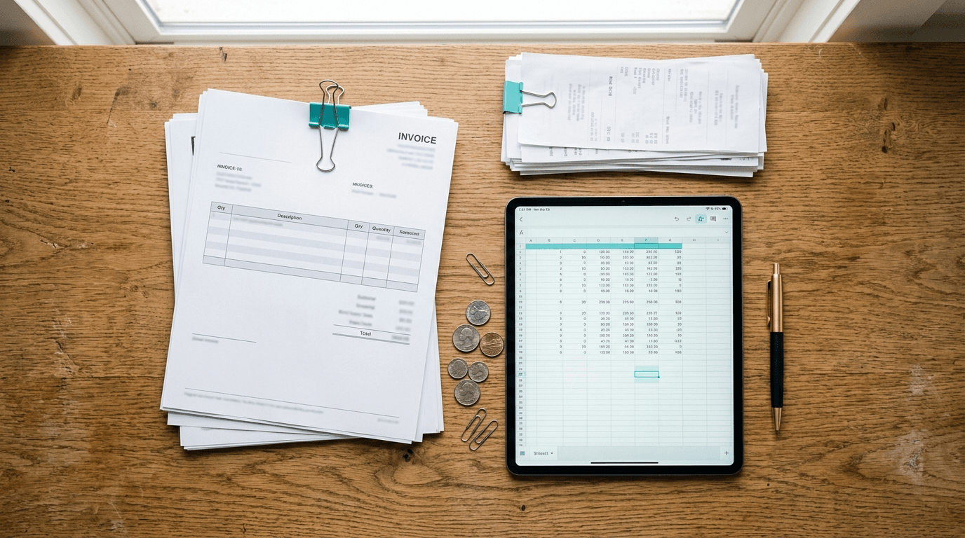 Overhead view of a stack of paper invoices and receipts beside a tablet showing a digital spreadsheet, representing AI invoice processing