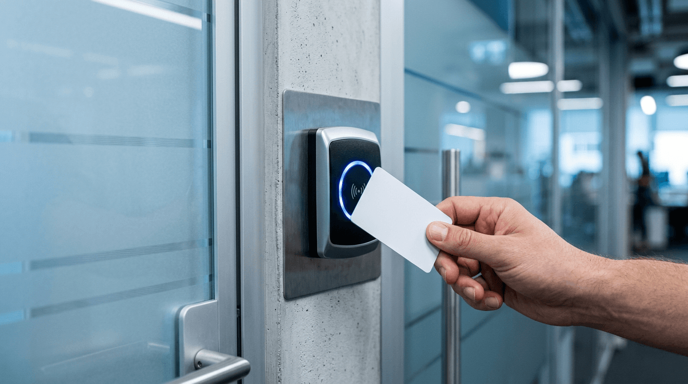 A hand tapping a security access keycard on an illuminated badge reader beside a glass office door