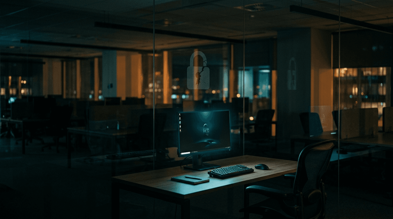 Darkened office at night with a single glowing monitor and a broken padlock reflection, illustrating session hijacking and MFA bypass