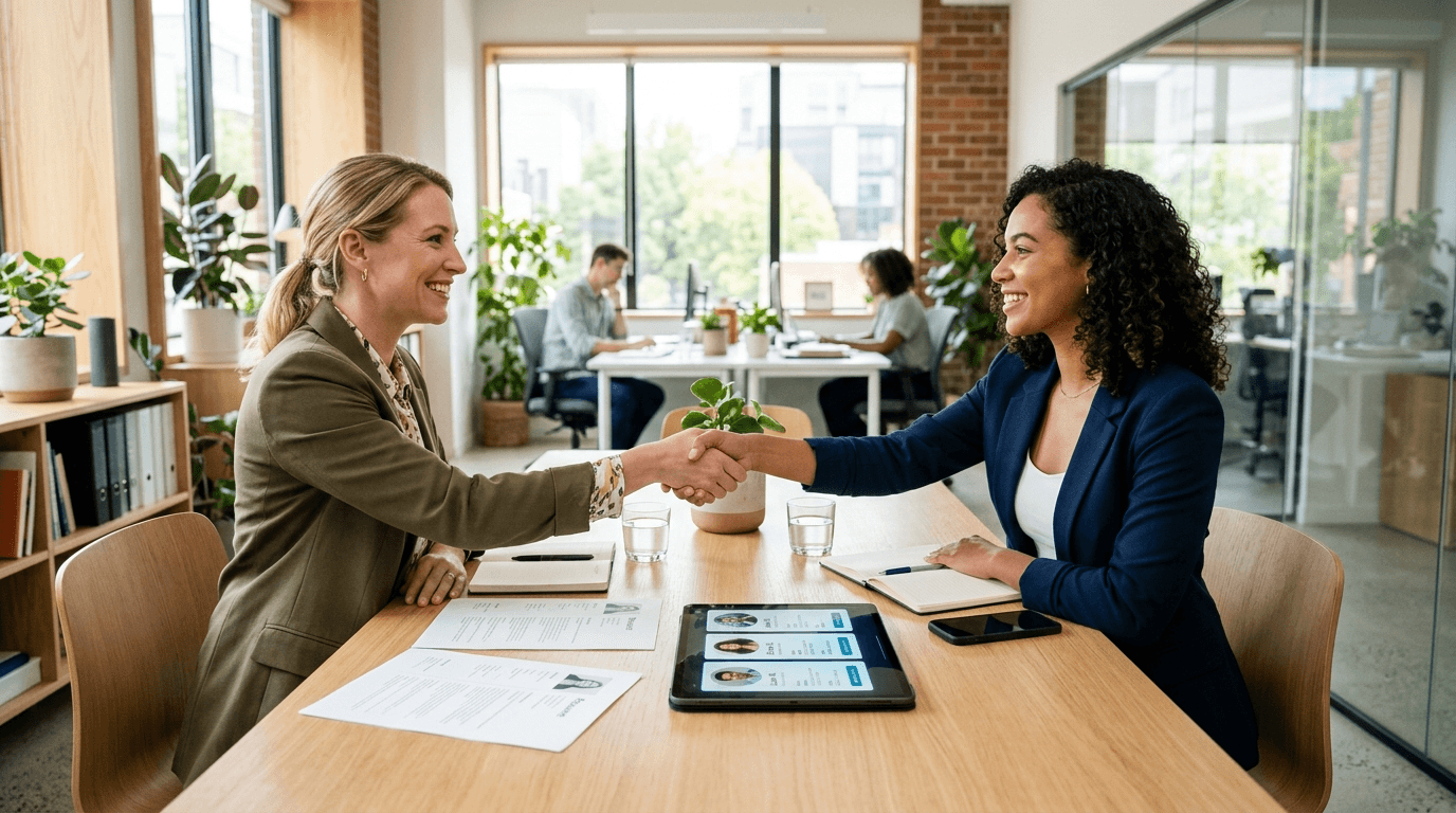 Two professionals shaking hands over resumes and a tablet showing candidate profiles in a bright office, representing AI-assisted hiring for small business