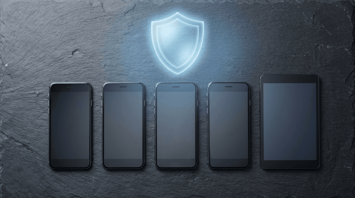 Overhead flat lay of business smartphones and tablets on slate with a glowing blue security shield, representing mobile device management for small business