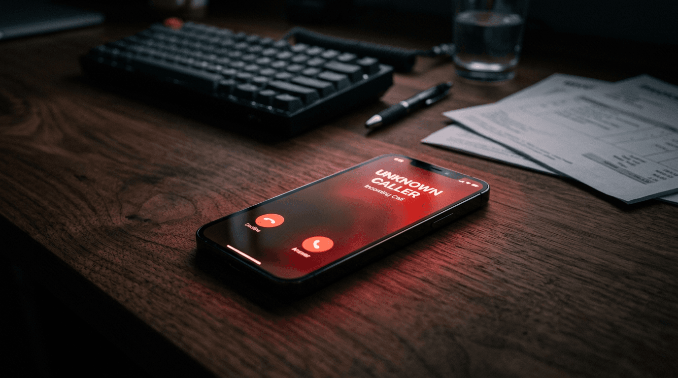 A smartphone on an office desk showing an incoming call from an unknown caller next to a paper invoice, illustrating a callback phishing attack