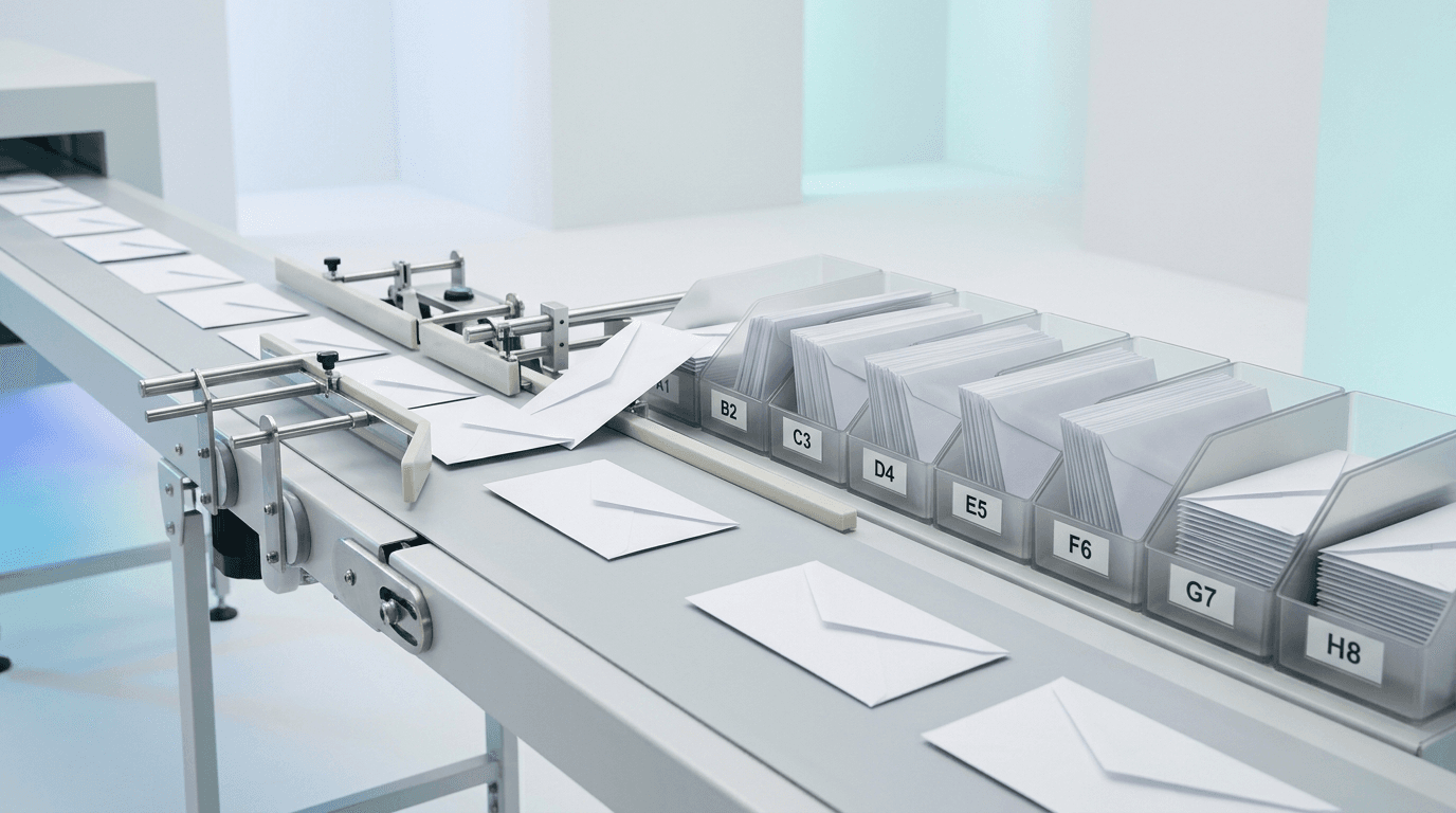 White envelopes on a conveyor being automatically sorted into labeled trays, representing AI email management for a small business