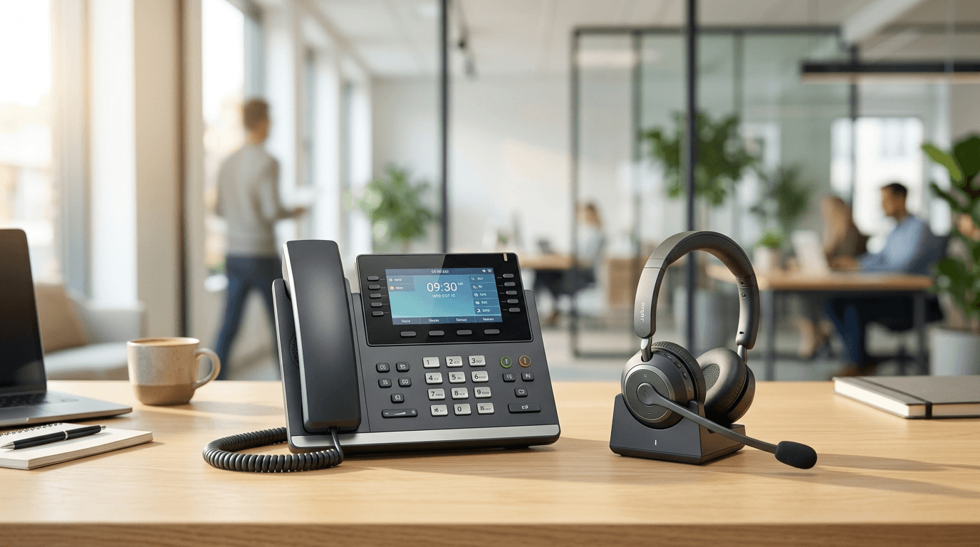A modern VoIP desk phone and wireless headset on a bright office desk, illustrating a small business phone system