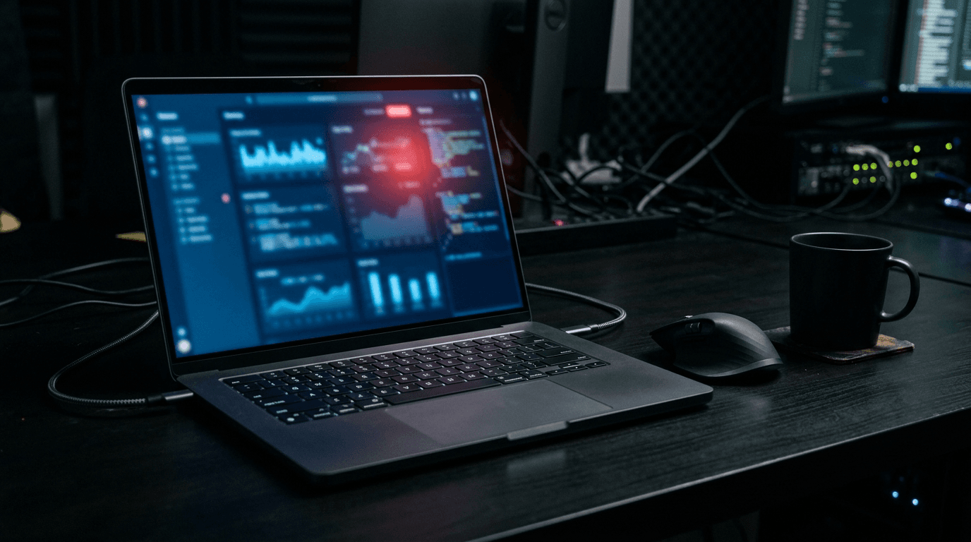 A darkened desk with a glowing laptop, illustrating a ClickFix fake-CAPTCHA malware attack targeting small business